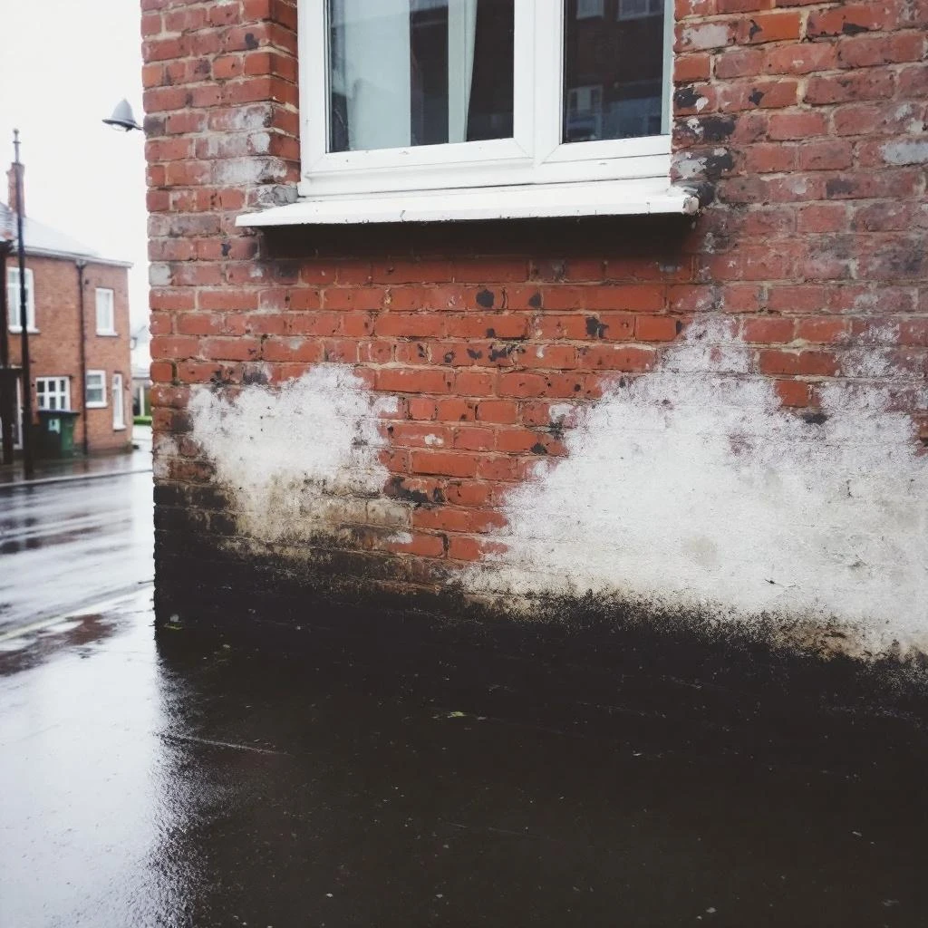 Bakstenen gevel met opstijgend vocht - witte uitslag en vochtvlekken onderaan de muur